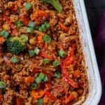close-up of quinoa chickpea casserole in the pan