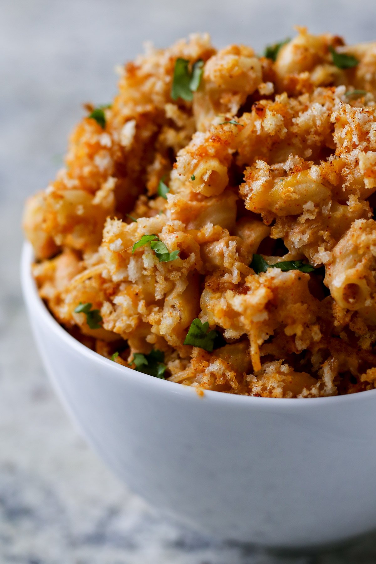 close-up of a bowl of smoky vegan mac and cheese
