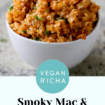 bowl of smoky vegan mac and cheese, text overlay