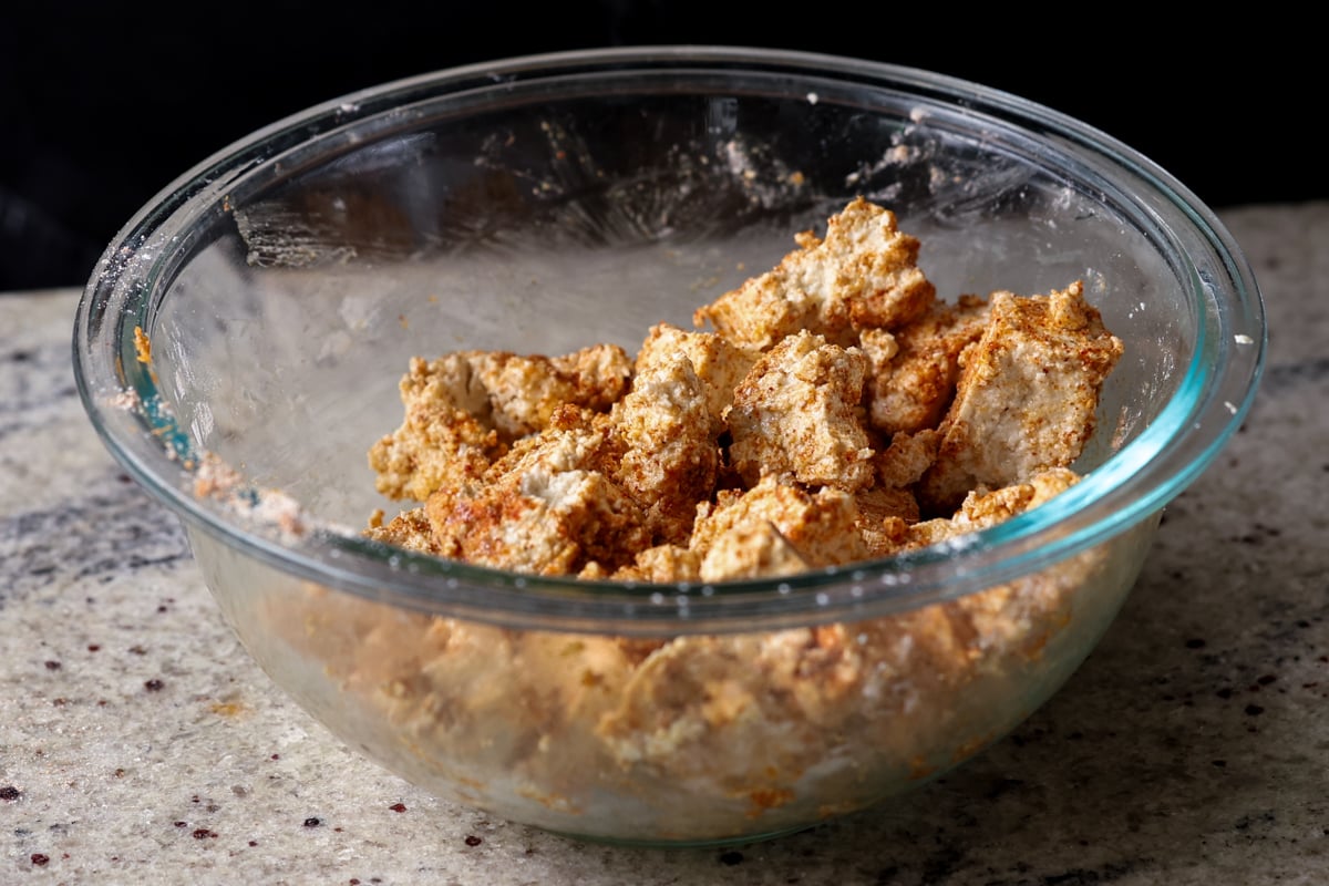 tofu after mixing with cornstarch and spices