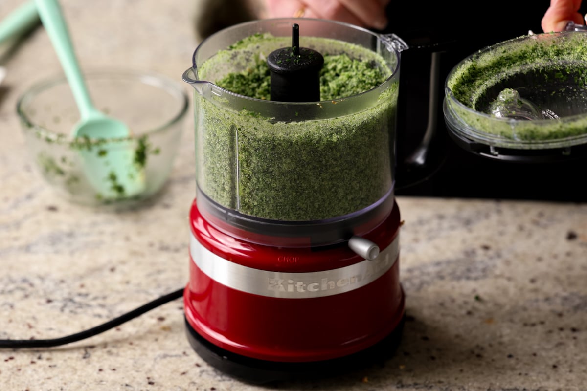 frozen spinach in the food processor, after pulsing