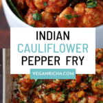 cauliflower pepper fry in a bowl and in the pan, text overlay