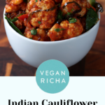 cauliflower pepper fry in a bowl, text overlay