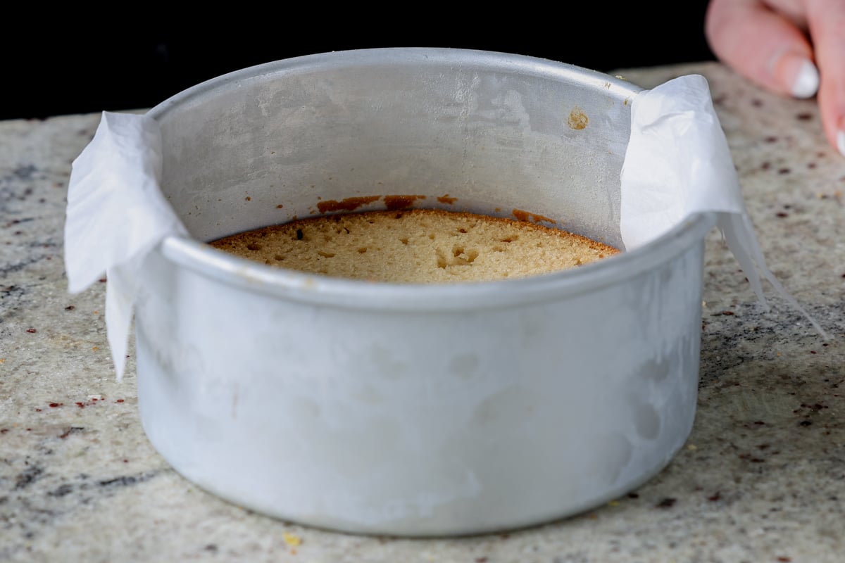 first cake layer in the lined pan