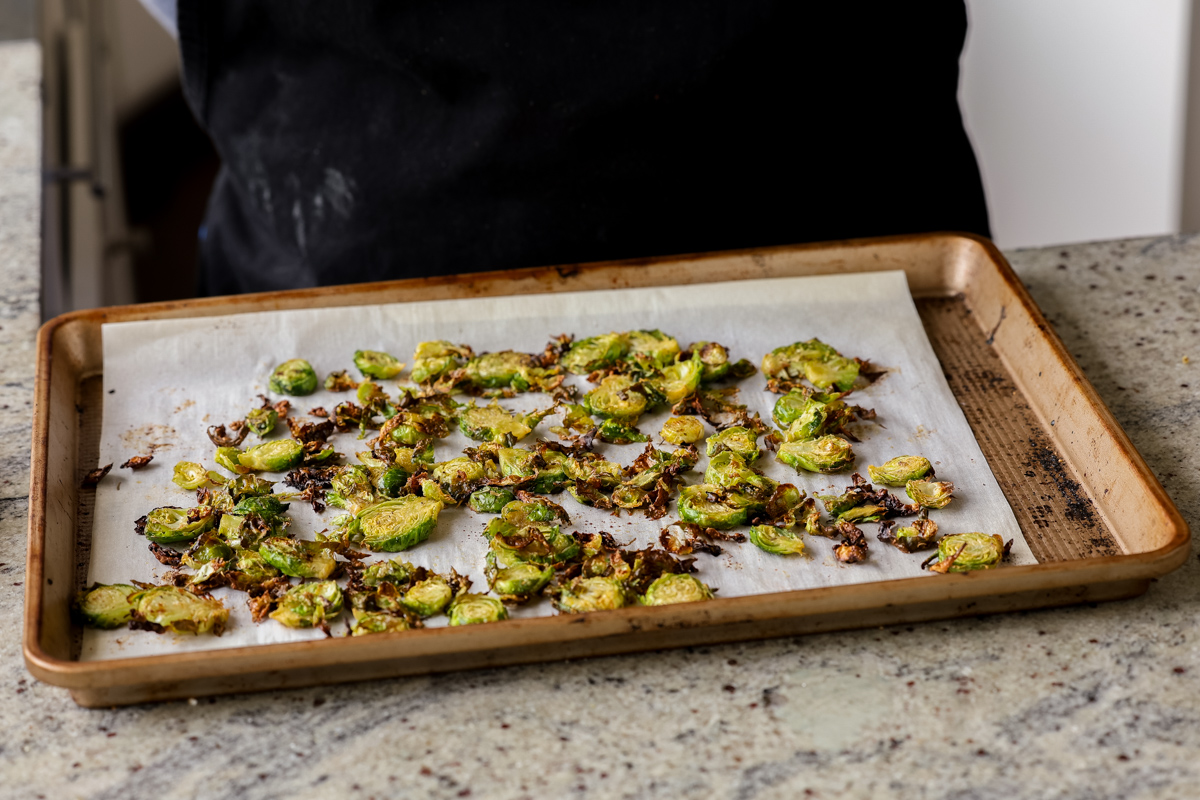 roasted shaved Brussels sprouts on the baking sheet after baking