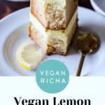 slice of lemon cake with a bite taken out, text overlay