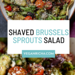 photos of shaved Brussels sprouts salad in a bowl with tomatoes, lettuce, and walnut crumble, text overlay
