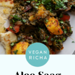 plate of saag aloo, text overlay