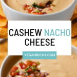 photos of cashew nacho cheese in a serving bowl topped with salsa, text overlay
