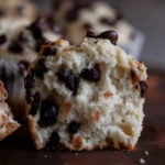 chocolate chip muffin cut in half, so you can see the fluffy texture inside