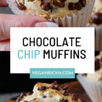 photos of chocolate chip muffins, text overlay