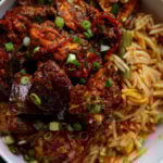 bowl of malabar eggplant with rice