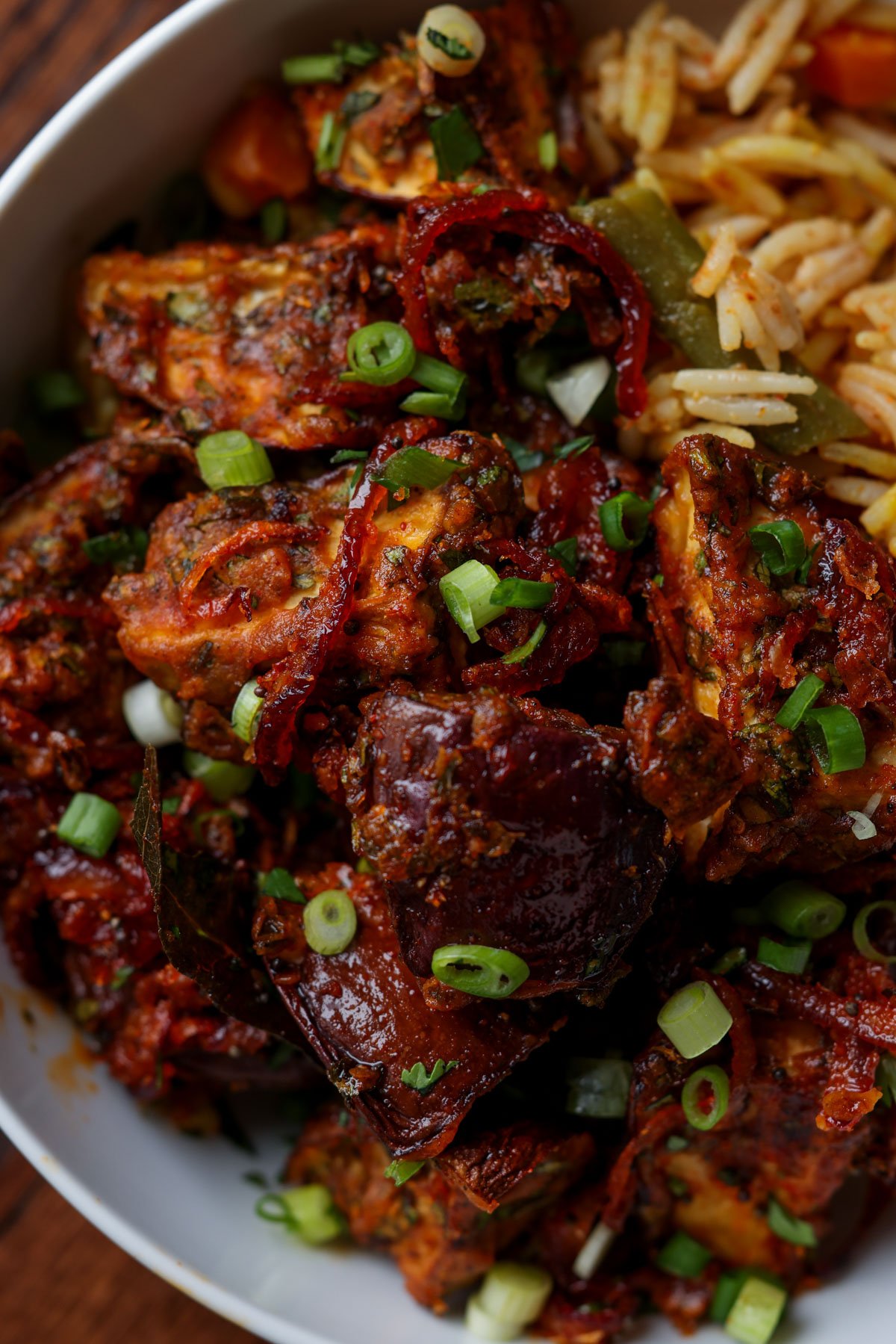 close-up of a bowl of malabar eggplant