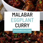 malabar eggplant in a bowl and in the pan, text overlay