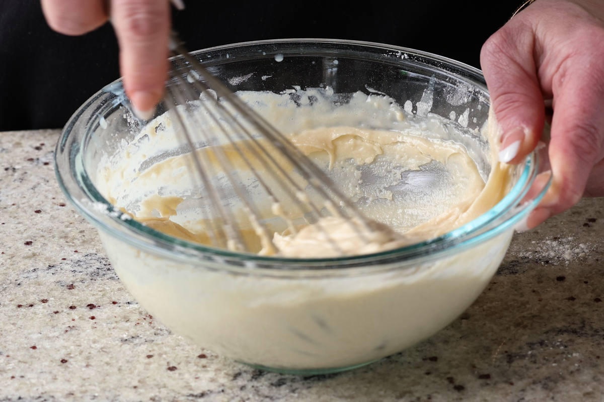 mixing the cake batter
