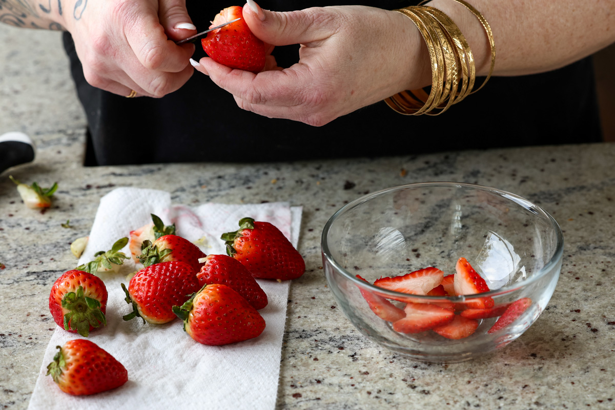 slicing the strawberries