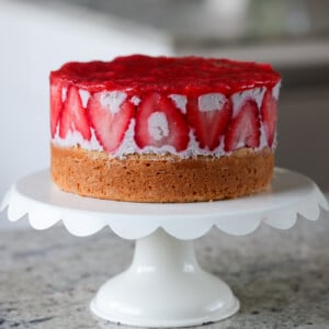 strawberry mousse cake on the cutting board