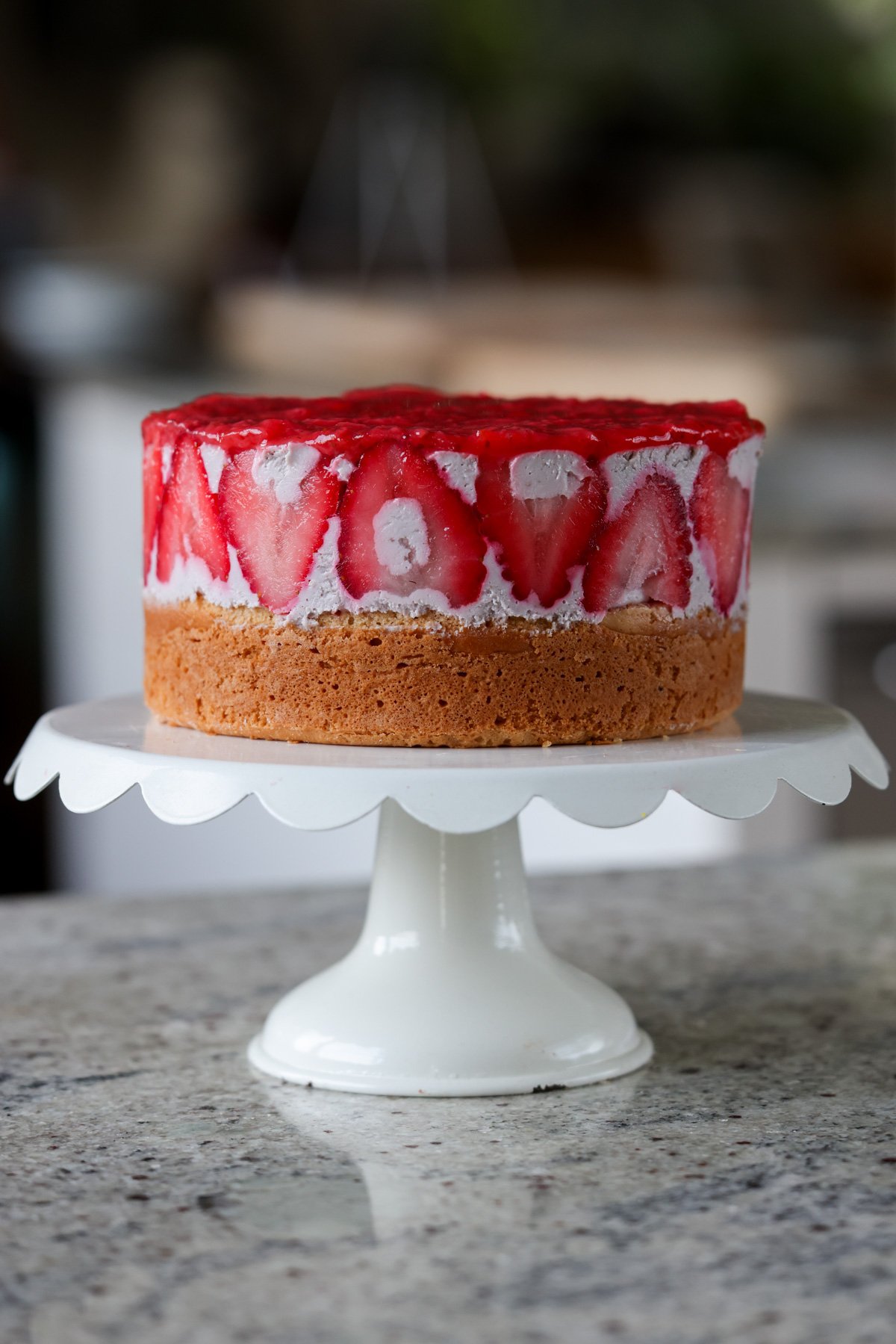 strawberry mousse cake on the cutting board