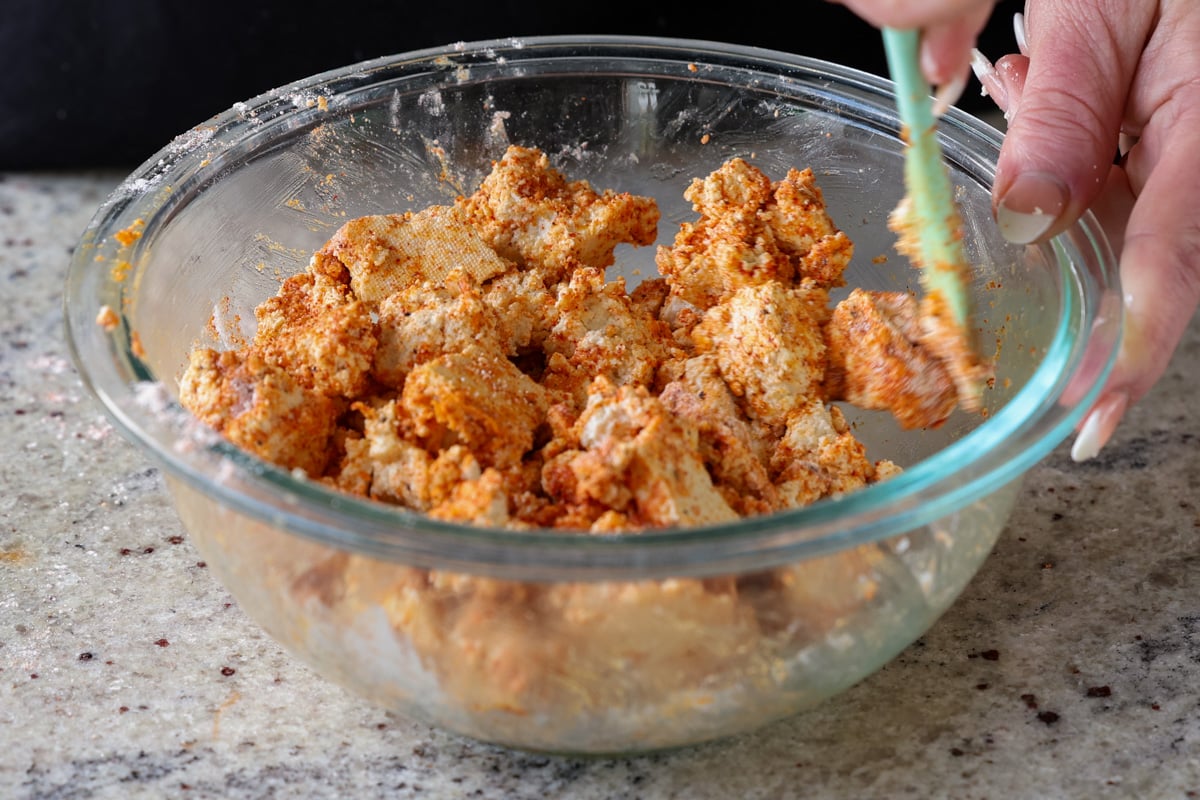 cornstarch and spices added to the tofu after mixing