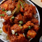 close-up of tofu kondattam in a bowl over rice