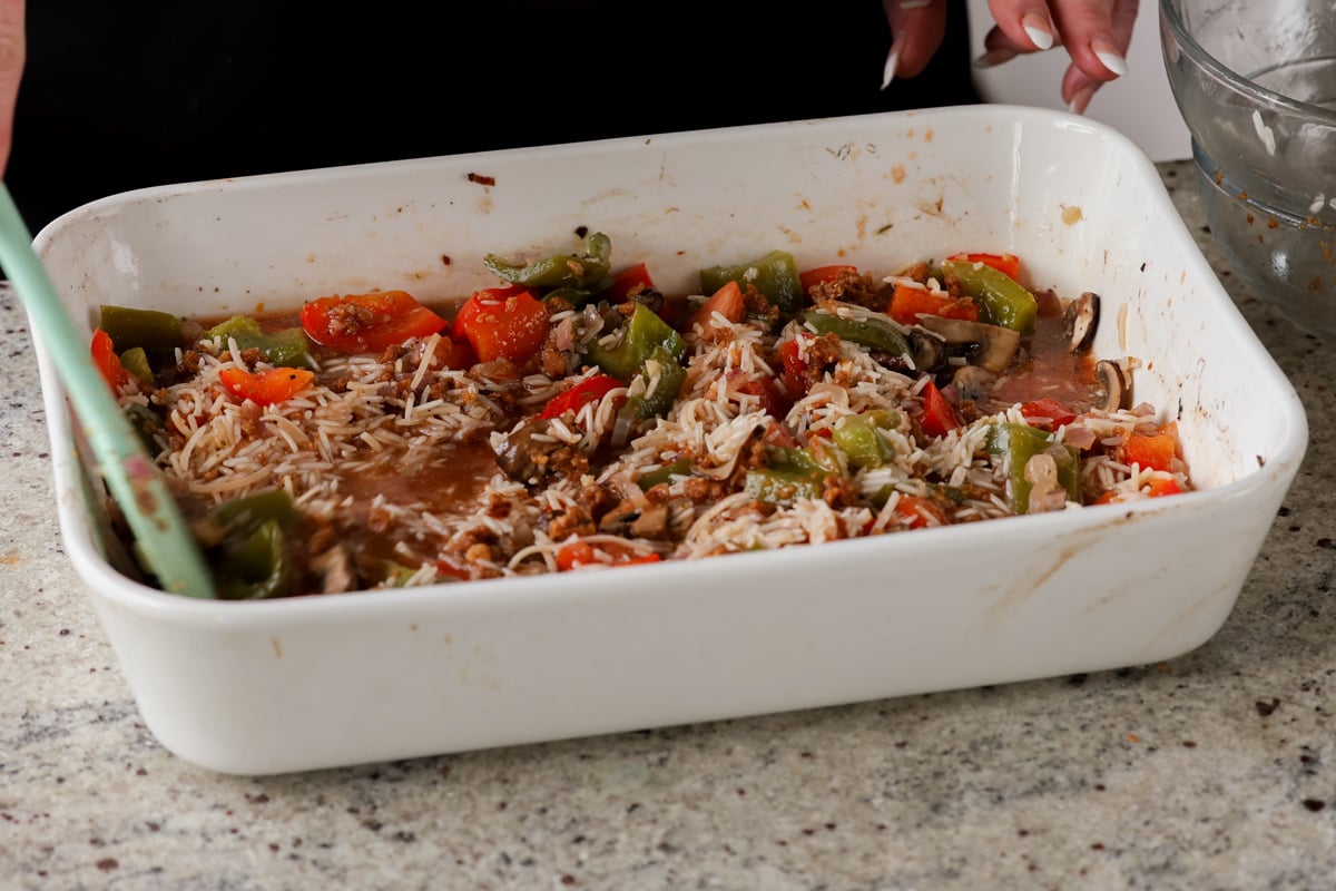 unstuffed pepper casserole in the pan before baking