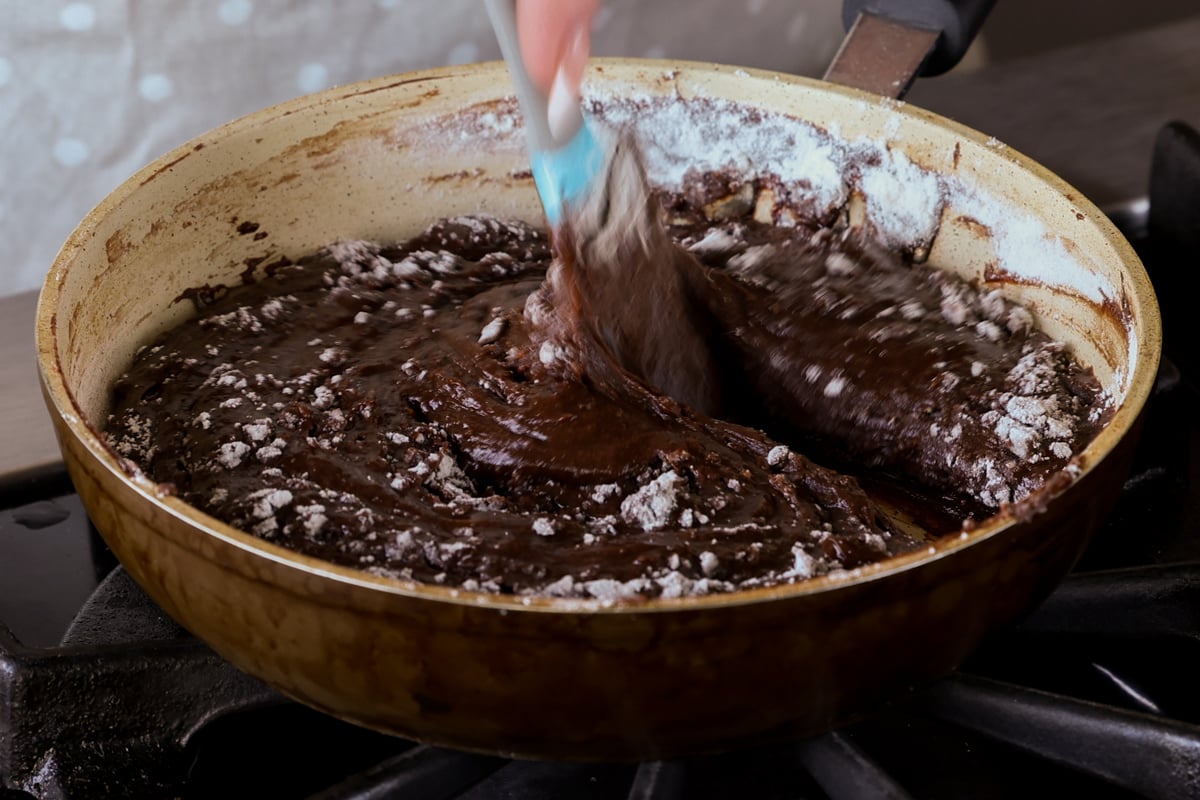 mixing the batter in the pan