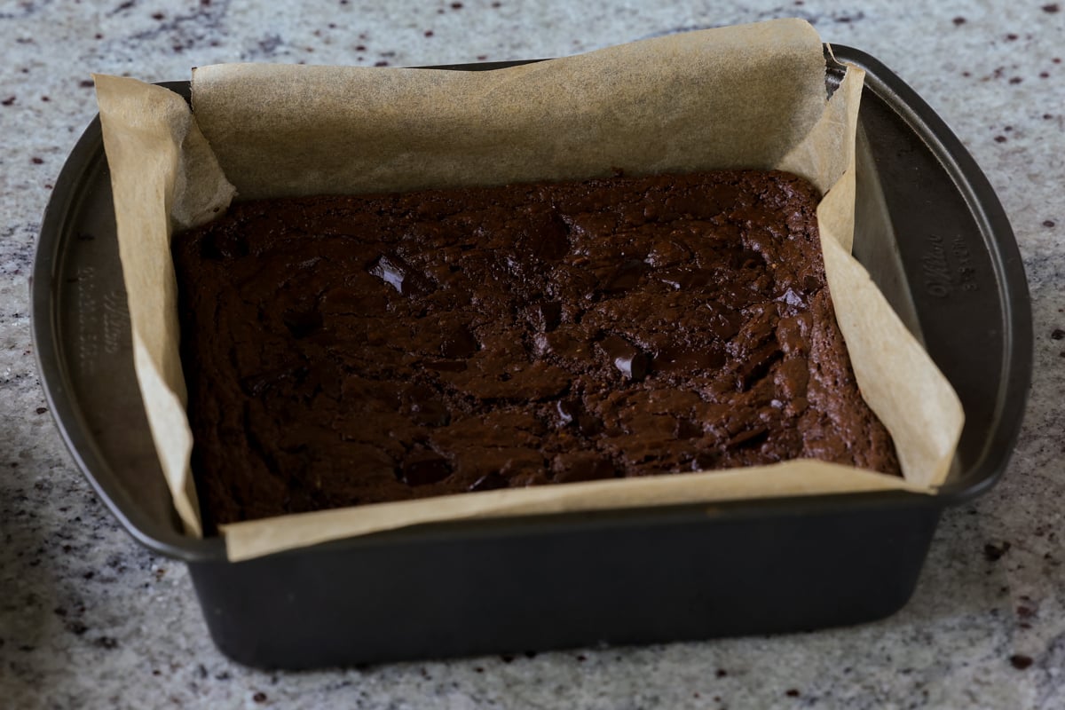 almond butter brownies in the pan, after baking