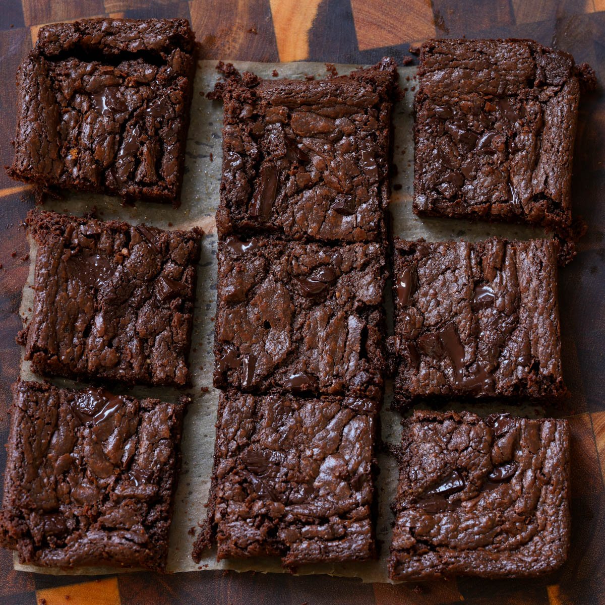 sliced almond butter brownies on the cutting board