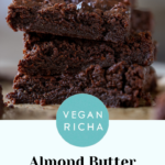 almond butter brownies on a plate, text overlay