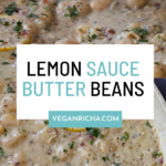 panfuls of garlic butter beans, text overlay
