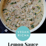 panful of garlic butter beans, text overlay