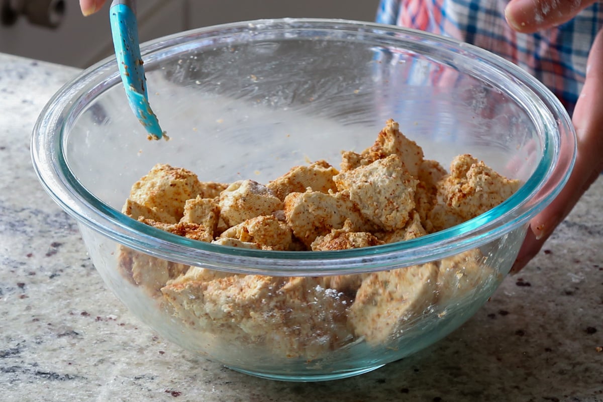 tofu after tossing with the spice mixture