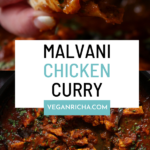 photos of Malvani chicken curry in the pan and in flatbread, text overlay