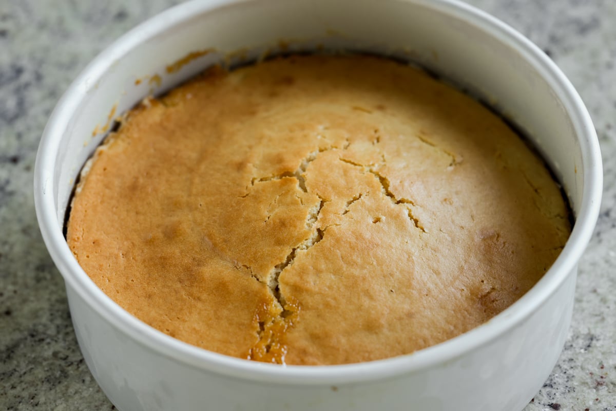 peach upside down cake in the pan after baking