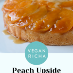 photo of peach upside-down cake, text overlay