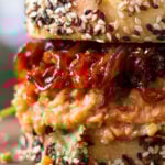 close-up of the gochujang chickpea salad sandwich