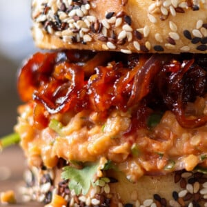 close-up of the gochujang chickpea salad sandwich