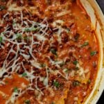close-up of creamy lasagna soup in the pan after cooking