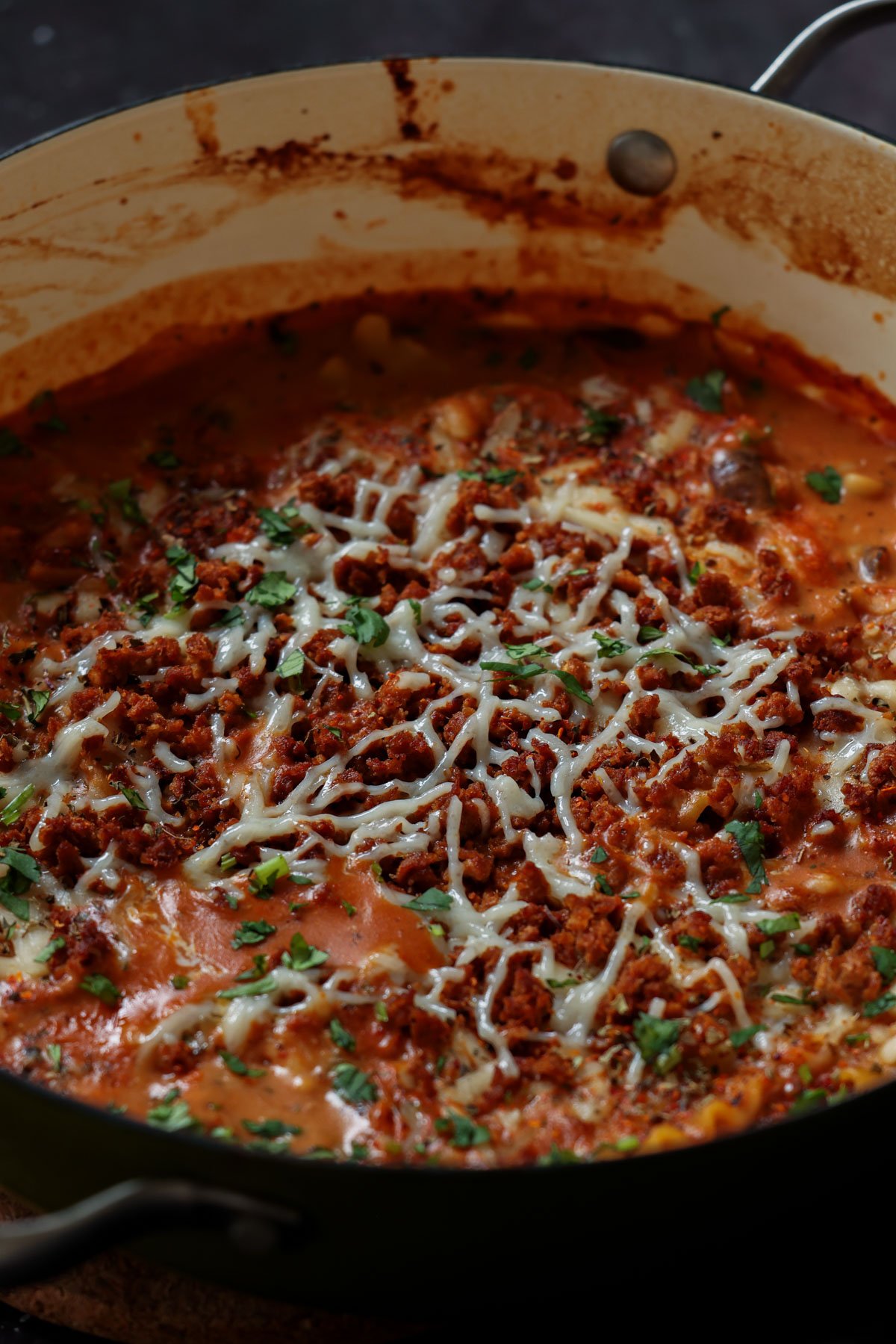 creamy lasagna soup in the pan after cooking