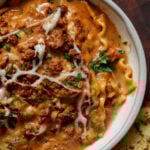 bowl of creamy lasagna soup with garlic bread