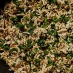 close-up of cilantro lime shredded tofu in a pan after cooking