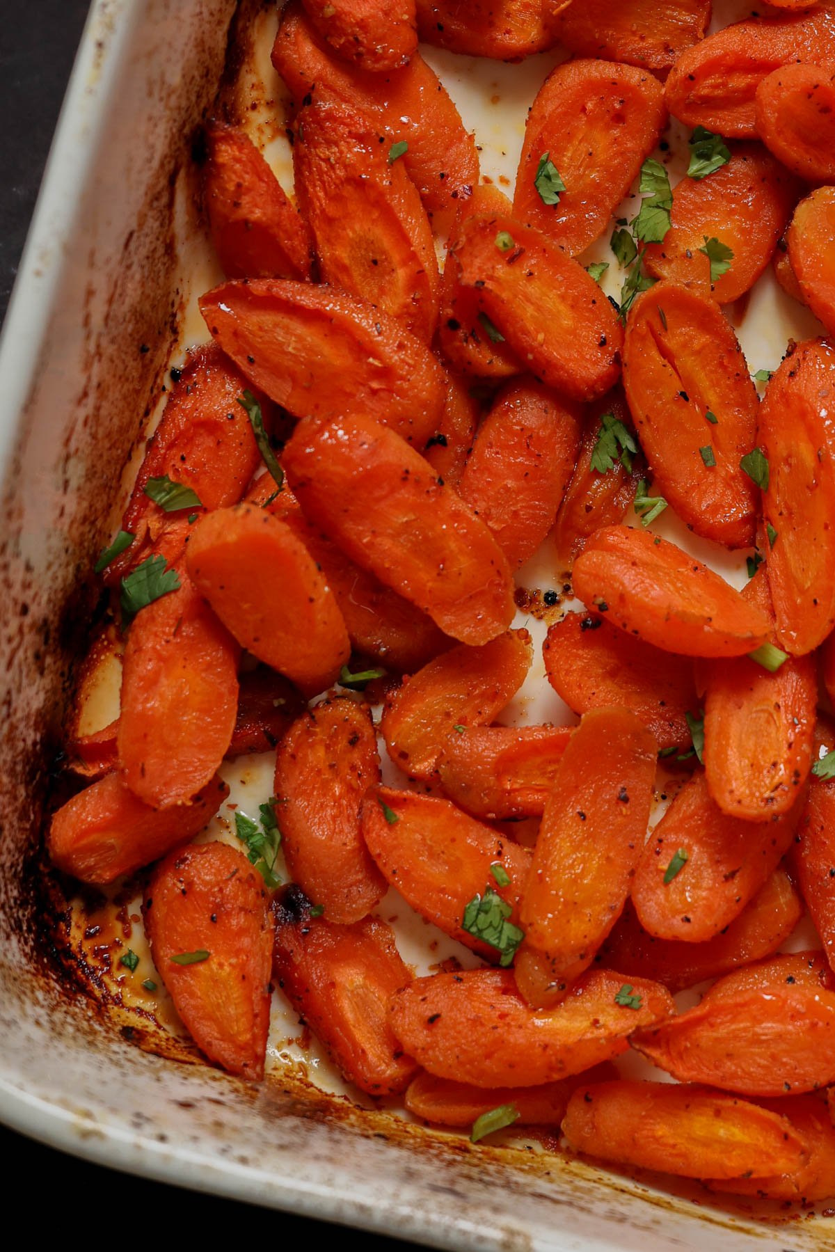 close-up of roasted carrots in the pan
