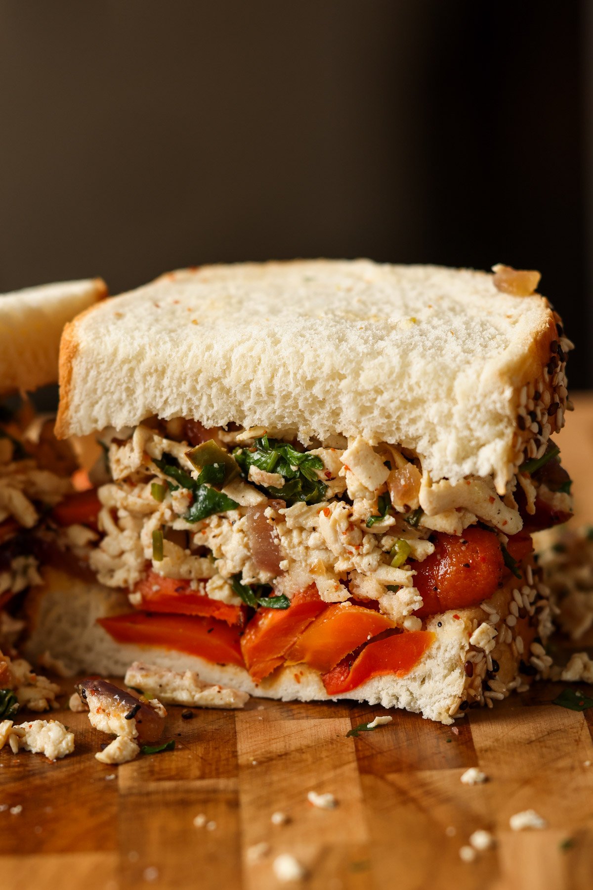 shredded tofu and roasted carrots sandwich