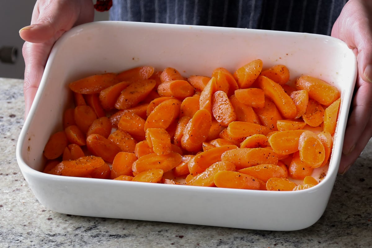 carrots in then pan before roasting