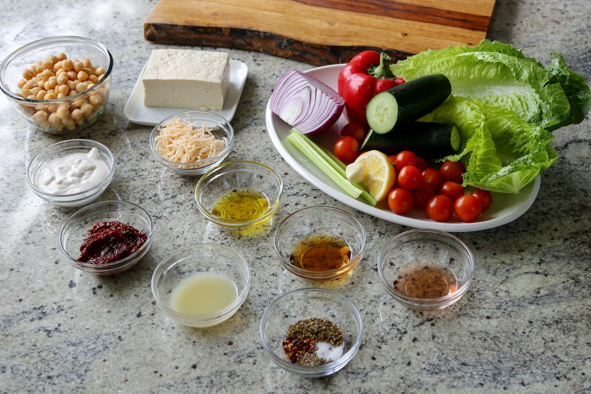 chopped Italian salad sandwich ingredients on the kitchen counter