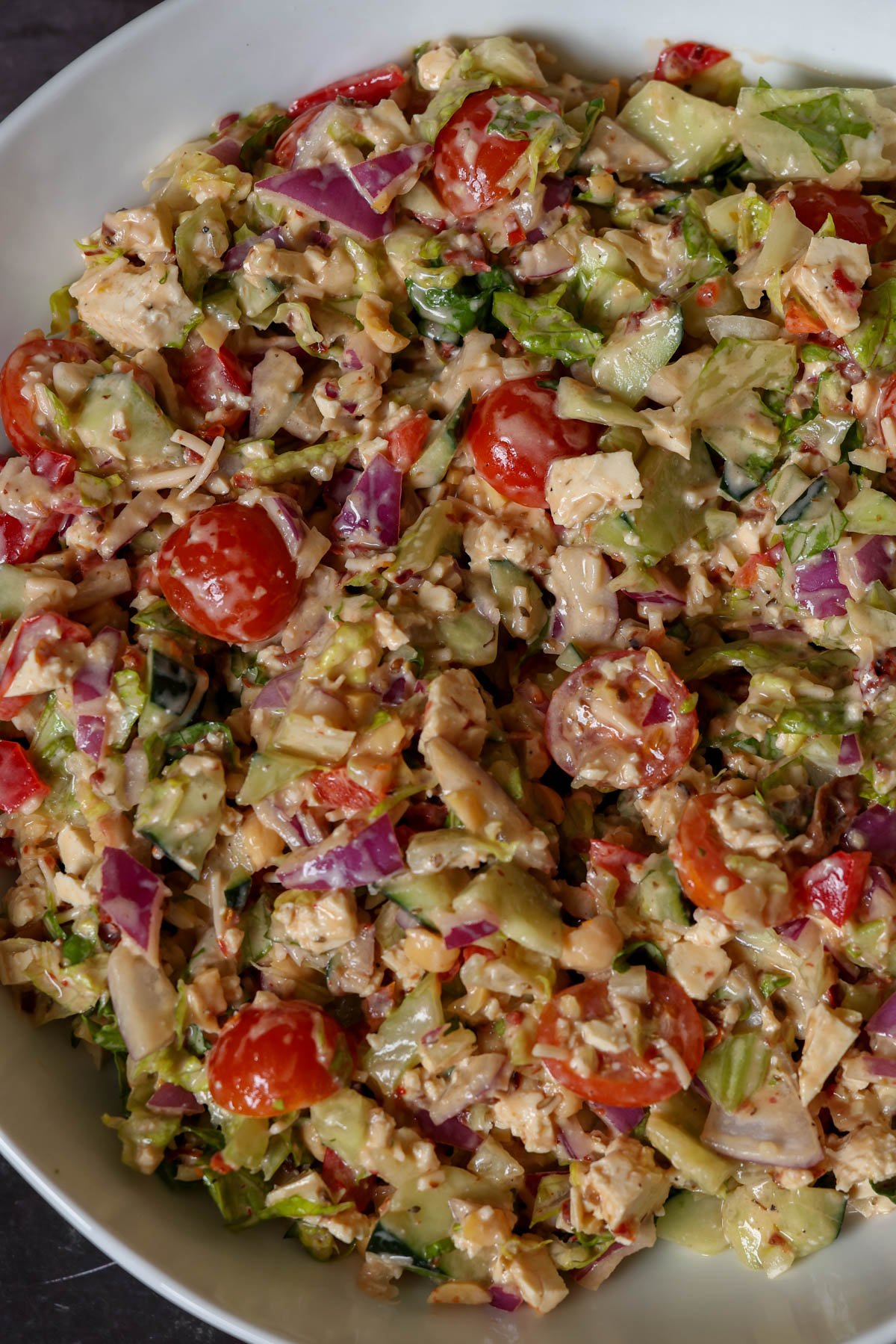 close-up of the chopped Italian salad in the mixing bowl