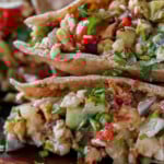 close-up of chopped Italian salad sandwich in a pita