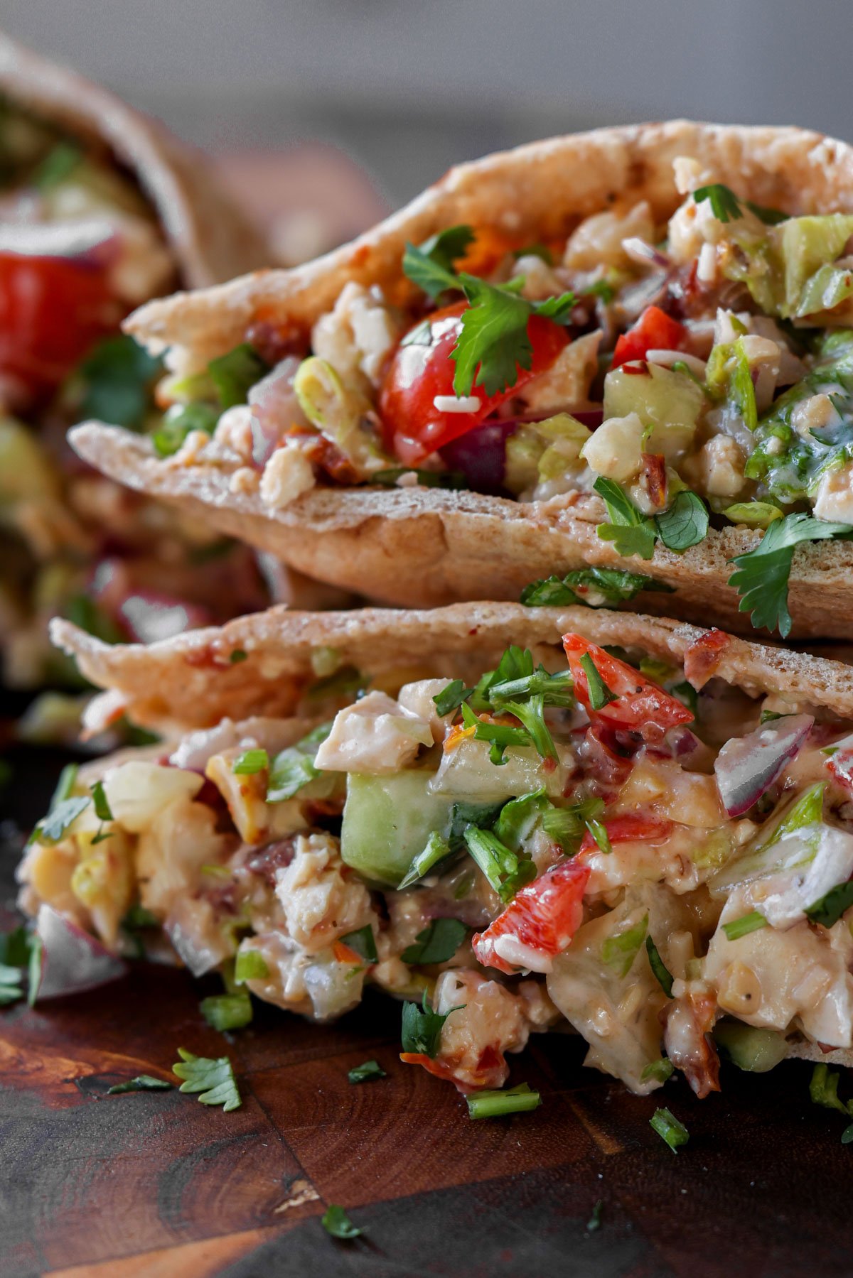 close-up of chopped Italian salad sandwich in a pita