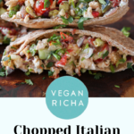 chopped Italian salad sandwich in a pita, text overlay
