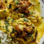close up of a plate of kadhi pakora